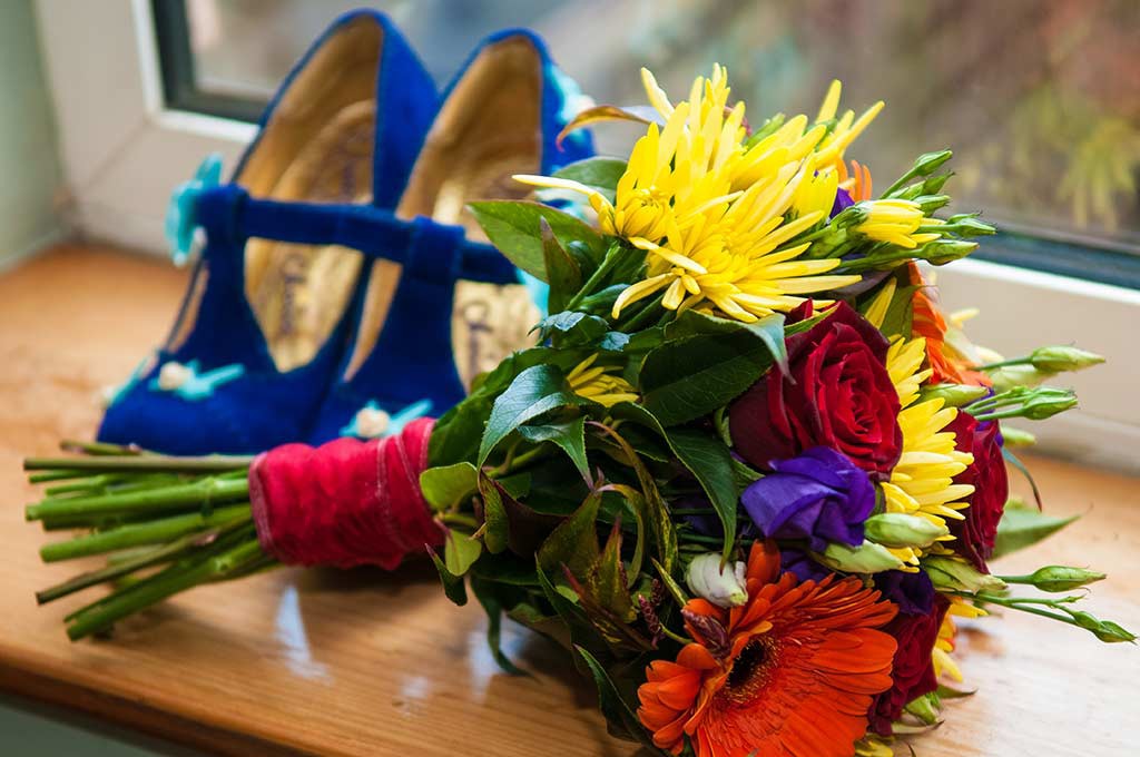 Shoes and wedding bouquet