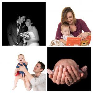 Family photos, showing their family from wedding day through first child as a newborn and on to that child becoming a toddler