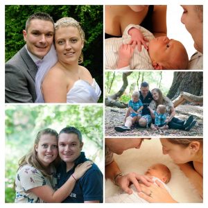 Family photos taken several years apart showing a wedding, first born and second born child