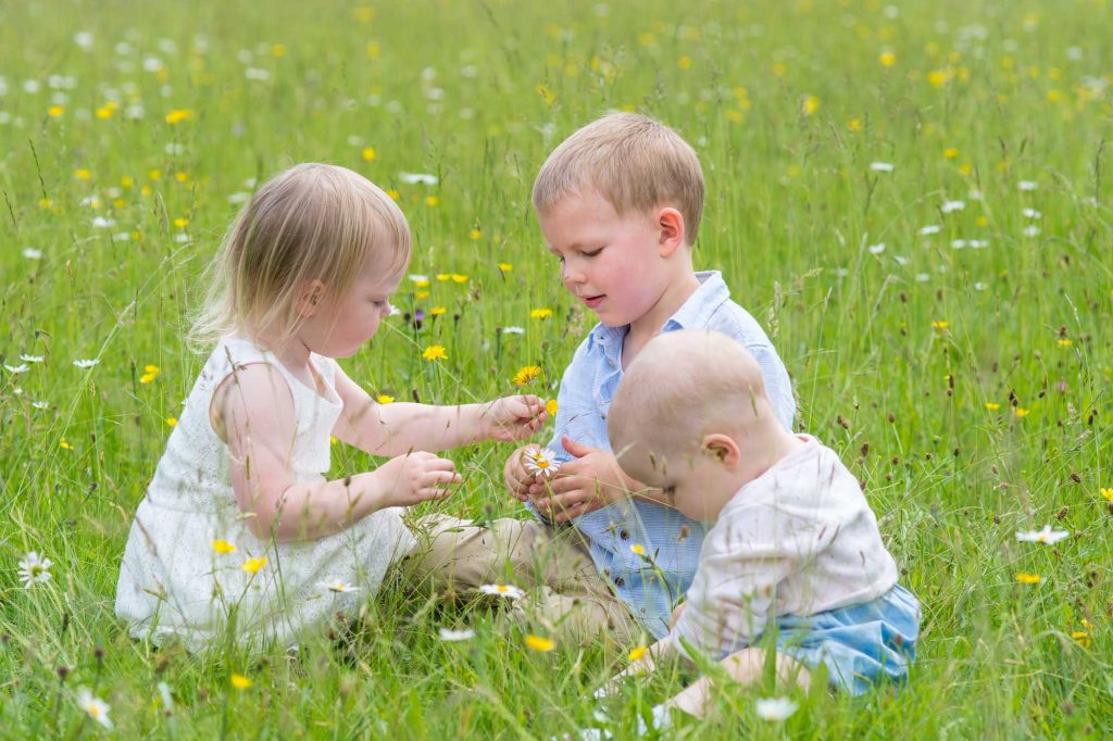 Small group of young children playing in a field of wild flowers