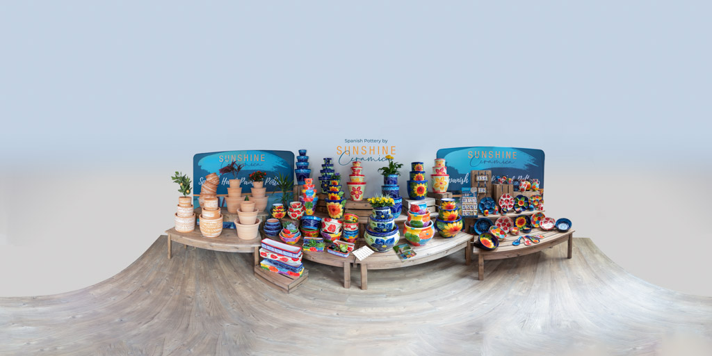 The virtual tour photo used for Sunshine Ceramica's virtual exhibition stand this image can be used in a VR headset to help potential customers feel as if they are 'in the room' viewing the products first hand