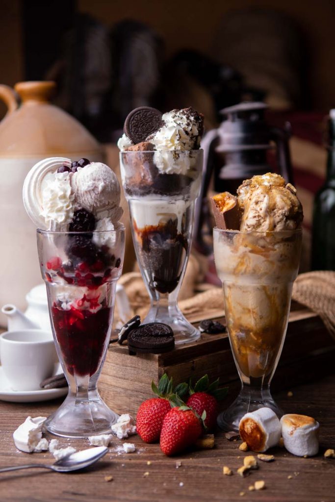 A set of three ice creams taken for menu photos
