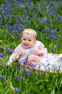 A baby is a basket surrounded by bluebells on a family photo shoot in Horsham West Sussex