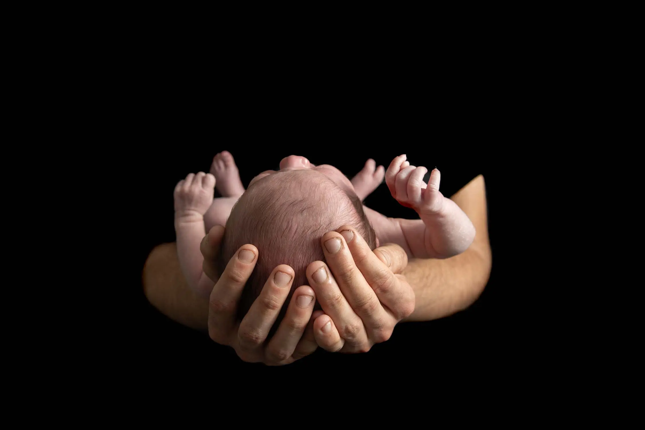 Newborn baby being held in her father's hands
