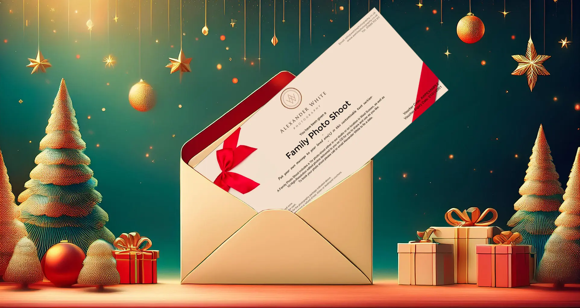 A family photo shoot gift voucher coming out of an envelope, with a Christmas themed background